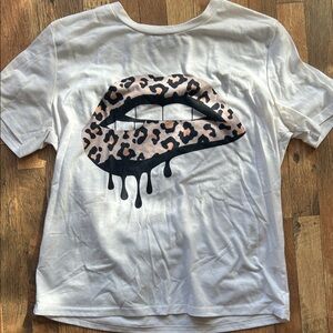 SHEIN White Tee with Leopard Print Detail